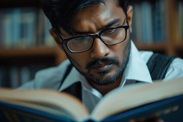 Focused Indian business man reading a book in office closeup.