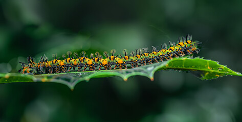 green caterpillar on a leaf, Caterpillar Army on the Move A line of caterpillars marches across a leaf, following a pheromone trail and consuming vegetation in their path  photography