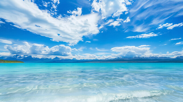 A large, calm body of blue water with rolling hills and snow-capped mountains in the background. The sky is clear and blue, with a few wispy clouds. This image evokes a sense of peace and tranquility.