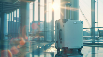 Trendy light suitcase in an empty departure airport hall. Travel concept. Light colours. Generative AI