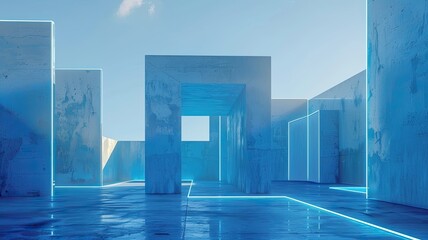 a blue cube building showcasing modern architecture, emphasizing the surprising aesthetic of white neon light edges outlining the structure.