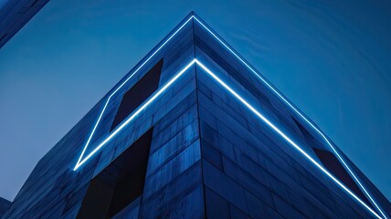 Fototapeta na wymiar a blue cube building showcasing modern architecture, emphasizing the surprising aesthetic of white neon light edges outlining the structure.