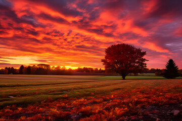 Fototapeta na wymiar Fall's Grand Finale: An ethereal Autumn sunset over picturesque landscape