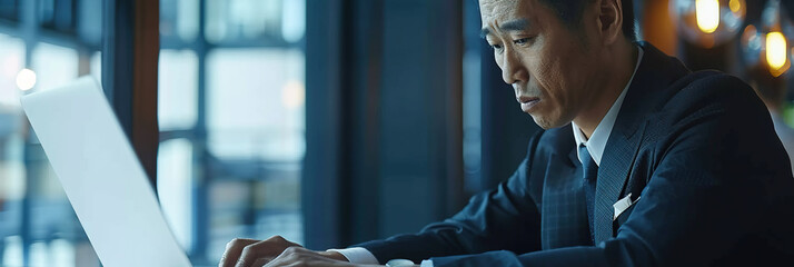Focused Japanese business man typing at laptop in office closeup. Guy surfing internet