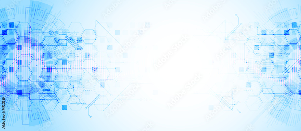 Wall mural scientific and technological concept with the use of technical elements formed in the shape of a cir