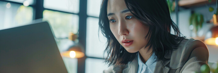 Focused Japanese business woman typing at laptop in office closeup. Girl surfing internet