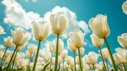 Close-up of white tulips field against blue sky background. Spring landscape concept. Generative AI