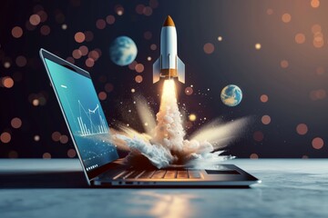 Rocket launch from laptop, investing graph on laptop, explosive pigmentation style, media-savvy, study place, speed and motion, smoke effect, stock market, contained chaos, innovative.
