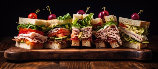 A wooden cutting board is packed with a variety of sandwiches, showcasing an array of ingredients and fillings. The sandwiches are neatly arranged, creating a tempting display for a meal or gathering.