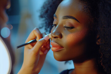 Makeup artist applies powder and blush . Beautiful African American Woman face. Hand of make-up master puts blush on cheeks beauty model girl.  Beautiful woman
