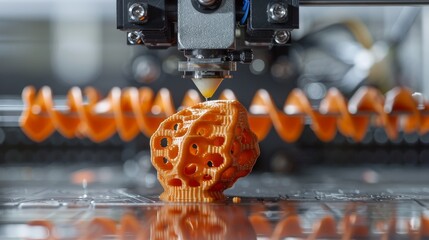 A 3D printer nozzle carefully deposits filament to create a detailed, porous orange structure, exemplifying precision in additive manufacturing.