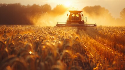 A combine harvester is seen cutting wheat during the golden hour of sunset, with dust rising in the warm light on the farm. - obrazy, fototapety, plakaty