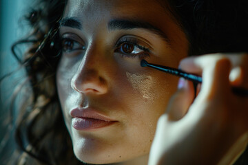 Obraz premium Makeup artist applies Makeup artist applies powder and blush . Beautiful Latin Woman face. Hand of make-up master puts blush on cheeks beauty model girl . Make up in process . Beautiful woman