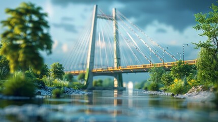 A picturesque suspension bridge spans a peaceful river, surrounded by lush greenery and the gentle glow of sunrise, creating a serene landscape.