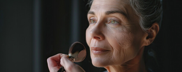 Makeup artist applies powder and blush. Beautiful mature Woman face. Hand of make-up master puts blush on cheeks beauty model girl . Make up in process . Beautiful woman