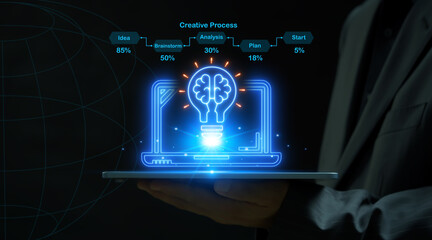 Businessman showing glowing virtual brain inside lightbulb line to creative smart thinking for...