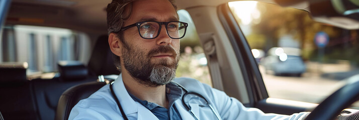 Male nurse sitting in car, going home from work. Male doctor driving car to work, on-call duty. Work-life balance of healthcare worker. - obrazy, fototapety, plakaty