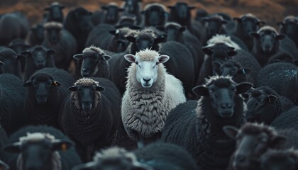 One white sheep in a flock of black sheep in a pasture generated AI
