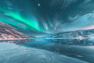 Aurora Borealis Over Frozen Lake With Mountains