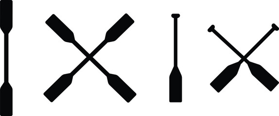 two black Kayak or canoe paddle silhouette of crossed oars rowing sign, icon set symbol collection. Flat style vector isolated on transparent background. Plastic oars. Water sport