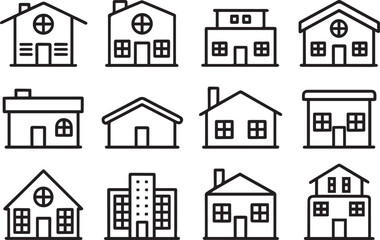 Set of buildings, house icons, collection home sign. Hand drawn vector illustration