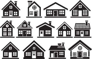 Set of buildings, house icons, collection home sign. Hand drawn vector illustration