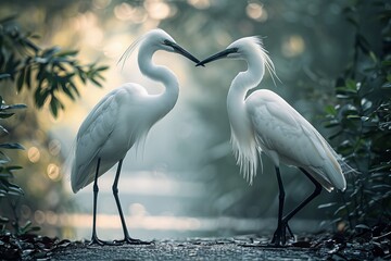 Two White Birds Standing Together