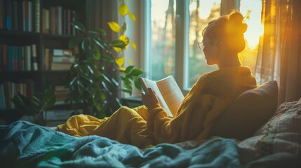 Young woman reading book in bed at home - obrazy, fototapety, plakaty