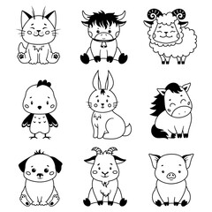 Baby animals set, cute farm animals, kids vector design. Collection of monochrome outline symbols.