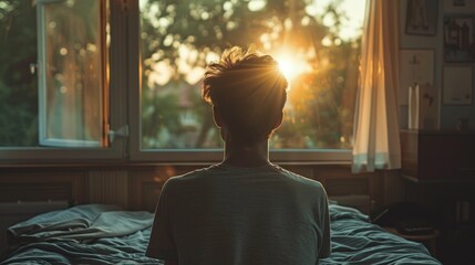 Young man sitting on the bed and looking out the window at sunset