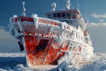 Large Boat Covered in Ice and Snow