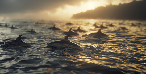 Dolphin Pod Rescue Mission A pod of dolphins work together to save a stranded dolphin calf, showcasing their social intelligence and compassion photography - obrazy, fototapety, plakaty