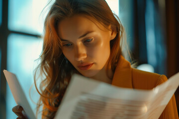 Young woman entrepreneur analyzing papers at office close up. Businesswoman work