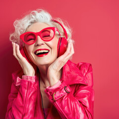Happy and cheerful woman wearing pink headphones and glasses listens to music on a colorful background