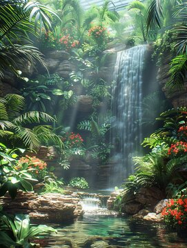 Waterfall Surrounded by Tropical Plants