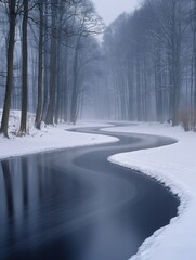Snow Covered Forest With Streaming River