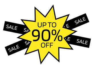 Up to 90% OFF written on a yellow ten-pointed star with a black border. On the back, two black crossed bands with the word sale written in white.