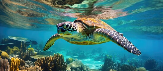 A hawksbill turtle gracefully swims over a vibrant coral reef in the crystal blue waters of the ocean. The turtles shell shines under the sunlight as it navigates through the diverse marine ecosystem. - obrazy, fototapety, plakaty