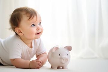 1 year old baby lying on the floor ,  piggy bank beside him. The baby looks up thoughtfully, smiling happily. Ideas of early investing