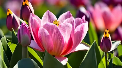 Fotobehang tulips, flowers, blossom, spring, pink, pink flowers, blossom in spring, greenery, nature, tulips in spring, HD background, HD wallpaper © Every