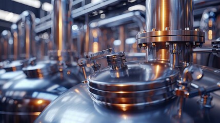Close-up view of shiny stainless steel brewery equipment with intricate details in a modern beer production facility.