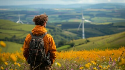 Fototapeta premium A hiker in an orange jacket stands amidst a field of wildflowers, looking out towards distant wind turbines in a green valley.