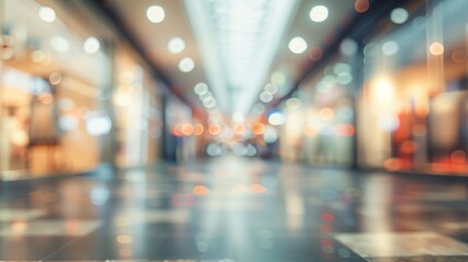 Blurry image of an empty shopping mall, in the style of minimalist backgrounds, enchanting lighting, glowing lights, luxurious defocused bokeh effect.