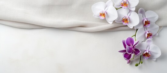 A white sheet is adorned with purple and white flowers, creating an elegant and delicate arrangement. The contrast between the crisp white fabric and the vibrant floral pattern adds a touch of