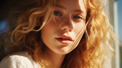 Fototapeta premium Close-up of the face of a beautiful young blonde woman. Light color palette. Natural beauty concept. Generative AI
