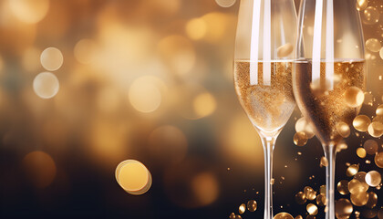 Two glasses of champagne and bottle gold shining banner,Christmas night and New Years Eve two champagne glasses with sparks and confetti generated by AI