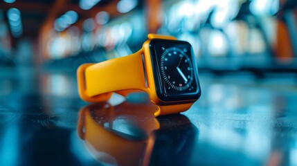 A vibrant yellow smartwatch rests on a reflective surface, showcasing its sleek design in a contemporary gym setting.