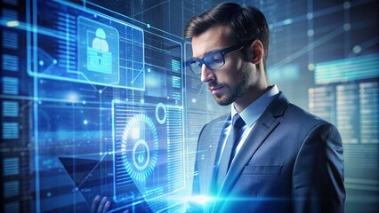 Software data hologram technology and man with code and analytics over face