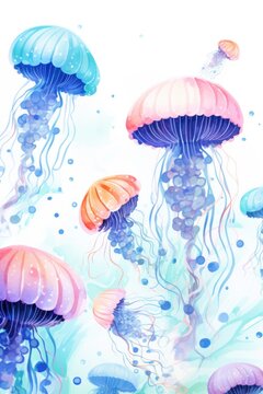Set of sea animals. Blue watercolor jellyfish, turtle and starfish. Sea illustration, cartoon illustration