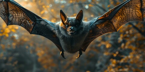An image capturing a bat in midair with intricate detail. Concept Wildlife Photography, Animal Behavior, Nature Close-up, Outdoor Adventures